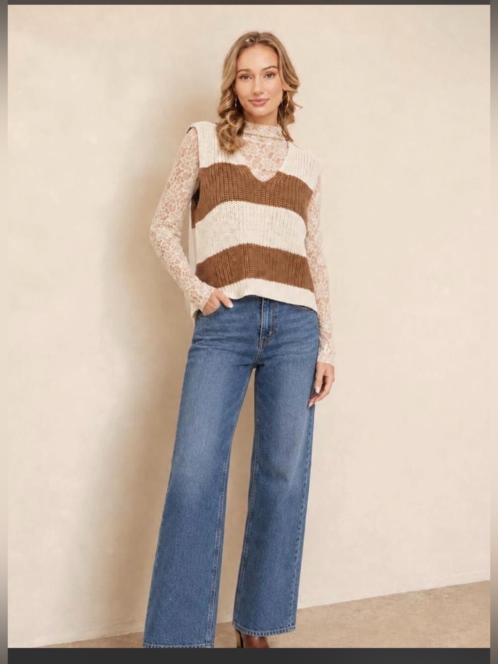 Boutique striped v-neck knitted sweater vest / coffee & cream